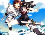  aircraft airplane brown_hair cloud day furutaka_(kantai_collection) glowing glowing_eye hair_ornament hairclip kantai_collection light_trail machinery remodel_(kantai_collection) sahuyaiya short_hair sky solo yellow_eyes 