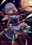  bow braid character_name error full_moon garter_straps gloves hair_bow hair_ribbon holding izayoi_sakuya knife looking_at_viewer maid maid_headdress moon night night_sky parted_lips red_eyes red_scarf ribbon scarf silver_hair sky smile solo soulkiller star_(sky) starry_sky touhou twin_braids typo white_gloves 