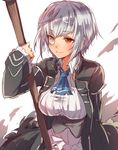  ascot breasts dress ice_axe_(ole_tower) large_breasts mataichi_mataro monocle ole_tower red_eyes short_hair silver_hair smile solo weapon 