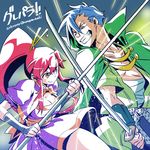  1girl blue_hair grin kamina long_hair nonosaki polearm ponytail red_hair smile sword tengen_toppa_gurren_lagann tengen_toppa_gurren_lagann:_parallel_works weapon yoko_littner 