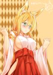  animal_ears blonde_hair blush breasts covered_nipples cowboy_shot fox_ears green_eyes highres himeka_chiyako large_breasts long_hair minaha_(playjoe2005) no_bra no_panties original sideboob solo wide_sleeves 