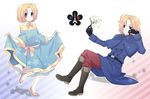  axis_powers_hetalia blonde_hair blue_eyes blush boots crossdressing dual_persona flower france_(hetalia) full_body gloves highres male_focus multiple_boys otoko_no_ko skirt_hold smile time_paradox usapon54 younger 