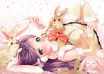  animal_costume animal_ears arihara_(arhr0) bare_shoulders bed bed_sheet blush breasts bunny_costume bunny_ears detached_sleeves green_eyes large_breasts long_hair looking_at_viewer love_live! love_live!_school_idol_project parted_lips purple_hair thighhighs toujou_nozomi twintails zettai_ryouiki 