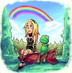  blonde_hair commentary crossover dark_skin dress forest gravity_daze hairband high_heels kermit_the_frog kitten_(gravity_daze) leotard log long_hair looking_up muppets nature rainbow red_eyes scarf setz strapless strapless_dress vambraces 