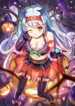  alternate_costume bare_shoulders bat_wings breasts candy cleavage food garter_straps hairband halloween hat kantai_collection large_breasts long_hair pumpkin qian_wu_atai shoukaku_(kantai_collection) silver_hair solo thighhighs wings witch_hat 