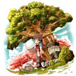  amano_keita amazou boots brown_hair butterfly_net cloud gashapon gashapon_machine ghost grass hand_net highres looking_back male_focus outdoors red_shirt rope sacred_tree_(youkai_watch) shimenawa shirt short_hair sky sotoba star tree whisper_(youkai_watch) youkai youkai_watch 