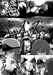  ^_^ chi-class_torpedo_cruiser closed_eyes comic commentary female_admiral_(kantai_collection) folded_ponytail greyscale hair_between_eyes hair_ornament hairclip hat ikazuchi_(kantai_collection) inazuma_(kantai_collection) kantai_collection lightning_bolt lightning_bolt_hair_ornament meitoro monochrome multiple_girls open_mouth peaked_cap shaded_face shinkaisei-kan short_hair smile translated 