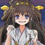  ahoge bad_id bad_pixiv_id blue_eyes brown_hair double_bun fudeyama_(fudeco) hairband japanese_clothes kantai_collection kongou_(kantai_collection) letter long_hair love_letter nontraditional_miko smile solo yandere 