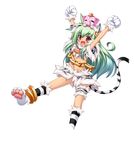  animal_ears anklet arms_up cat_ears chain crop_top earrings elephant fang full_body gloves green_hair highres jewelry koihime_musou kuwada_yuuki long_hair midriff moukaku open_mouth paw_gloves paw_shoes paws red_eyes shoes skirt smile solo tail transparent_background 
