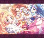  :d amanogawa_kirara aqua_eyes blonde_hair blue_eyes blue_hair blush cure_flora cure_mermaid cure_twinkle earrings gloves go!_princess_precure haruno_haruka highres holding_hands inoshishi_(ikatomo) interlocked_fingers jewelry kaidou_minami letterboxed long_hair magical_girl midriff multicolored_hair multiple_girls navel open_mouth orange_hair pink_hair precure purple_eyes purple_hair red_hair smile star star_earrings two-tone_hair white_gloves 