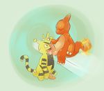  2015 anthro argon_vile ball_licking balls charmeleon duo electabuzz eyes_closed green_background head_grab kneeling licking male male/male nintendo oral penis plain_background pok&eacute;mon precum red_skin sitting tongue tongue_out video_games yellow_skin 