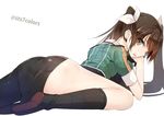  brown_eyes brown_hair hair_between_eyes hair_ribbon kantai_collection long_hair no_panties open_mouth remodel_(kantai_collection) ribbon side_slit single_thighhigh skirt smile solo sts thighhighs tone_(kantai_collection) twintails twitter_username white_background 