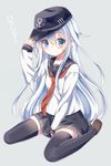 blue_eyes hat hibiki_(kantai_collection) kantai_collection long_hair school_uniform serafuku silver_hair sitting solo translated uniform yuzu-aki 