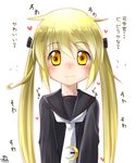  alternate_hairstyle blonde_hair blush hair_ribbon kantai_collection long_hair long_sleeves necktie ribbon satsuki_(kantai_collection) school_uniform serafuku signature solo translated twintails twitter_username yellow_eyes yoshizawa_hikoto 