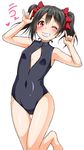 black_hair blush front_zipper_swimsuit grin highres love_live! love_live!_school_idol_project meme_attire nico_nico_nii one-piece_swimsuit one_eye_closed red_eyes short_hair smile solo swimsuit twintails yazawa_nico yopparai_oni 