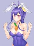  animal_ears antenna_hair between_breasts blazblue blazblue_remix_heart blue_hair blush bow breasts bunny_ears bunny_girl bunnysuit carrot genderswap genderswap_(mtf) hair_bow highres large_breasts long_hair mai_natsume ponytail red_eyes ribbon simple_background smile solo yellow_bow 