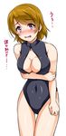  breasts brown_hair cleavage cowboy_shot embarrassed front_zipper_swimsuit highres koizumi_hanayo large_breasts love_live! love_live!_school_idol_project meme_attire one-piece_swimsuit purple_eyes short_hair swimsuit thigh_gap translated trembling yopparai_oni 