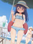  ^_^ akatsuki_(kantai_collection) arm_behind_back bangs beach beach_chair beach_umbrella bikini black_eyes black_hair blue_swimsuit blush breasts bucket cleavage closed_eyes cloud covering_mouth cup day drink drinking_glass drinking_straw dutch_angle embarrassed flat_chest flower frilled_swimsuit frills hairband hat hat_flower highres holding horizon ice ice_cube kantai_collection lifebuoy long_hair looking_at_viewer mountain multiple_girls mutsu_(kantai_collection) nagato_(kantai_collection) navel nose_blush ocean out_of_frame outdoors polka_dot polka_dot_bikini polka_dot_swimsuit sand_castle sand_sculpture shovel sky solo_focus spaghetti_strap standing sun_hat swimsuit tachimi_(basue) thigh_gap umbrella waving wavy_mouth white_bikini 