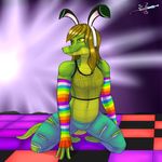  4_fingers alligator animal_ears anthro arm_warmers brown_hair clothing dr_zombie girly hair jeans long_hair male pants rabbit_ears rave reptile russ scalie simple_background torn_clothing torn_jeans torn_pants yellow_eyes 