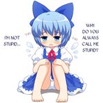  1girl barefoot bebeneko blue_bow blue_eyes blue_hair bow cirno commentary commentary_request crying crying_with_eyes_open hair_bow hard_translated open_mouth panties pantyshot short_hair short_sleeves simple_background solo tears touhou translated underwear white_background white_panties 
