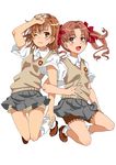  absurdres brown_eyes brown_hair coin crest hair_ribbon highres holster jumping long_hair misaka_mikoto multiple_girls negiko123123 one_eye_closed patch penny_loafers ribbon school_uniform shirai_kuroko short_hair shorts shuriken sweater_vest thigh_holster to_aru_kagaku_no_railgun to_aru_majutsu_no_index twintails 