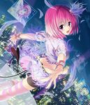  artist_request bike_shorts city_lights crop_top from_behind holographic_monitor lala_satalin_deviluke looking_back midriff miniskirt momo_velia_deviluke nana_asta_deviluke official_art outstretched_arms pink_eyes pink_hair sairenji_haruna short_hair shorts skirt smile solo tail thighhighs to_love-ru to_love-ru_darkness:_idol_revolution 