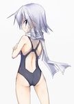  ass back black_swimsuit blue_eyes competition_swimsuit from_behind ichidai_taisa izayoi_sakuya looking_at_viewer looking_back one-piece_swimsuit scarf silver_hair solo swimsuit touhou 