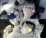  black_hair compass glasses looking_at_viewer moon open_mouth original short_hair sousou_(sousouworks) space spacesuit telescope 