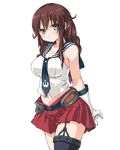  aqua_eyes breasts brown_hair cleavage dd_(ijigendd) gloves kantai_collection large_breasts long_hair looking_at_viewer navel noshiro_(kantai_collection) pleated_skirt school_uniform serafuku simple_background skirt solo white_background white_gloves 