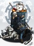  1boy bear bepo hat jacket jolly_roger leopard male male_focus nodachi one_piece sheathed_sword sitting throne trafalgar_law 