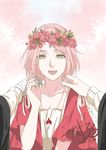  1girl :d artist_request bandaged_arm facial_mark flower_headdress forehead_mark green_hair happy haruno_sakura looking_at_viewer naruto naruto:_the_last necklace open_mouth pov pov_eye_contact shi_er_xian short_hair smile uchiha_sasuke 