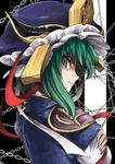  aqua_eyes chain crossed_arms green_hair harusame_(unmei_no_ikasumi) hat looking_at_viewer serious shiki_eiki short_hair shoulder_pads solo touhou 