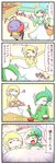  1girl 4koma anger_vein beamed_sixteenth_notes blush bowl chopsticks comic commentary eighth_note gallade gardevoir gen_3_pokemon gen_4_pokemon glowing groceries highres holding holding_bowl holding_chopsticks musical_note no_humans open_mouth pokemon pokemon_(creature) sleeping sougetsu_(yosinoya35) speech_bubble spoken_musical_note sweat translated volbeat zzz 