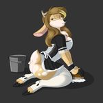  anthro antlers bottomless breasts butt cervine cleaning clothed clothing deer female hair half-closed_eyes half-dressed hooves horn kneeling looking_back maid maid_uniform mammal nomad_genesis simple_background solo 