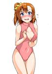  blue_eyes breasts brown_hair covered_nipples cowboy_shot front_zipper_swimsuit highres kousaka_honoka love_live! love_live!_school_idol_project medium_breasts meme_attire one-piece_swimsuit one_side_up open_mouth pink_swimsuit short_hair solo swimsuit wavy_mouth yopparai_oni 