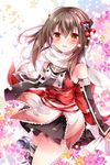  :d bangs brown_eyes brown_hair cosplay double-breasted elbow_gloves flower gloves hair_between_eyes hair_ornament kantai_collection long_hair nogi_takayoshi open_mouth remodel_(kantai_collection) scarf sendai_(kantai_collection) sendai_(kantai_collection)_(cosplay) smile solo taihou_(kantai_collection) uniform 