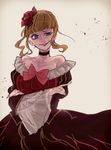  bad_id bad_pixiv_id bangs bare_shoulders beatrice blonde_hair blood blue_eyes blunt_bangs bow breasts chiyo_(min0yoko) choker cleavage crossed_arms dress flower hair_flower hair_ornament highres huge_breasts long_sleeves off_shoulder pink_bow ribbon solo umineko_no_naku_koro_ni 