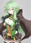  1girl arm_behind_back arrow asya black_bow black_gloves blush bow breasts brown_cape brown_shorts cape clenched_hand closed_mouth cowboy_shot elf eyebrows_visible_through_hair gloves goblin_slayer! gold_trim green_eyes green_hair grey_background hair_between_eyes hair_bow hair_ribbon hand_up high_elf_archer_(goblin_slayer!) highres holstered_weapon hooded_cape knife long_hair looking_at_viewer navel open_mouth pointy_ears quiver ribbon short_shorts shorts sidelocks simple_background small_breasts smile solo thighhighs tress_ribbon weapon 