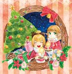 bell blonde_hair blush bow candle candy candy_cane christmas_ornaments christmas_tree cloak closed_eyes commentary_request flower food gift green_eyes hair_bow highres kurodani_yamame mizuhashi_parsee multiple_girls night night_sky open_mouth pinecone piyo_(piyoko528) pointy_ears ribbon short_hair sky smile star striped striped_background touhou traditional_media waraningyou watercolor_(medium) wreath 