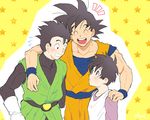  artist_request black_hair blush couple dragon_ball dragonball_z father_and_son muraosa_(conjecture) short_hair smile son_gohan son_gokuu spiked_hair videl wristband wristbands 