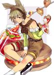  alternate_costume bad_id bad_pixiv_id bare_shoulders belt brown_eyes brown_hair casual cookie earmuffs food highres holding jam long_sleeves looking_at_viewer off-shoulder_shirt pointy_hair shirt shoes short_hair shorts sitting smile sneakers sofy solo touhou toyosatomimi_no_miko 