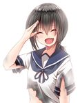  bad_id bad_pixiv_id bloom burnt_clothes creek_(moon-sky) fubuki_(kantai_collection) highres kantai_collection salute school_uniform serafuku short_hair short_ponytail smile solo torn_clothes 