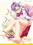  :p bare_shoulders barefoot bed bow bow_bra bow_panties bra breasts candy cleavage dutch_angle food green_eyes hanasaki_work_spring highres kuon_ayano large_breasts lingerie lollipop long_sleeves off_shoulder open_clothes open_shirt panties panties_around_one_leg plant potted_plant purple_bra purple_hair purple_panties shirt sitting soles solo stuffed_animal stuffed_sheep stuffed_toy thighs tongue tongue_out toranosuke underwear white_shirt 