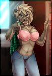  2015 anthro bra cleavage clothed clothing ear_piercing falla fangs female jacket looking_at_viewer omesore pants piercing sabertooth solo underwear 