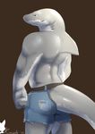  2014 anthro back big_muscles brown_background clothed clothing cut_off_jeans fish half-dressed korichi male manlyshark_(character) marine muscles plain_background rear_view scar shark solo standing topless 