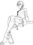  from_below greyscale male_focus mikazuki_munechika monochrome nipples shirtless simple_background sitting solo thighhighs touken_ranbu white_background zuwai_kani 