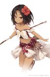  :o anklet artist_name bare_shoulders black_hair bow_(weapon) brown_eyes choker collarbone dark_skin flower funia_(koto_channel) hair_flower hair_ornament holding jewelry koto-channel looking_at_viewer midriff navel open_mouth sandals senji_(tegone_spike) short_hair solo tail tan weapon white_background 