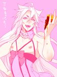  crossdressing food hand_on_hip kogitsunemaru long_hair looking_at_viewer male_focus nipples open_mouth pie pink_background simple_background slice_of_pie solo touken_ranbu translation_request zuwai_kani 