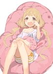  bad_id bad_twitter_id blonde_hair brown_eyes futaba_anzu idolmaster idolmaster_cinderella_girls izumi_sai long_hair open_mouth solo stuffed_animal stuffed_bunny stuffed_toy twintails 