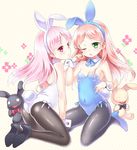  ;o alicia_(pop'n_music) alternate_color animal_ears ass blue_leotard blush breasts bunny_ears bunnysuit detached_collar dual_persona fake_animal_ears green_eyes hairband high_heels leotard long_hair looking_at_viewer multiple_girls one_eye_closed pantyhose pink_eyes pink_hair player_2 pop'n_music shoes shouni_(sato3) small_breasts stuffed_animal stuffed_bunny stuffed_toy tail white_leotard wrist_cuffs 